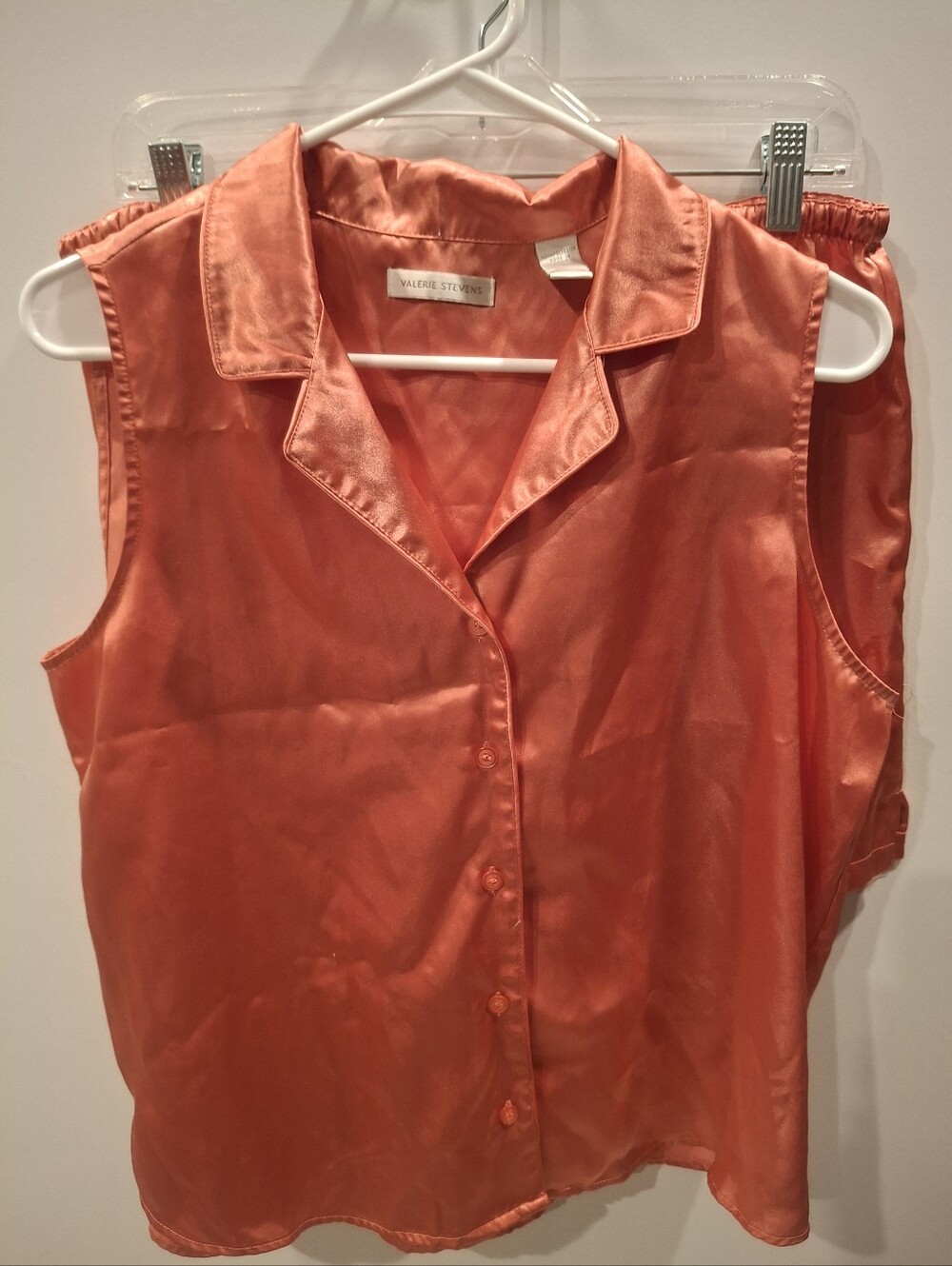 Valerie Stevens Sleeveless Satin Button-Front Top -PJ Set- Coral Orange